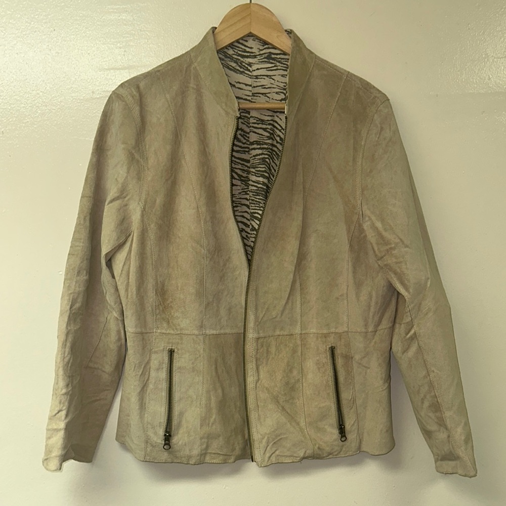 Beige Suede Reversible Zebra Print Jacket with Zipper Pockets